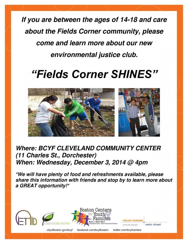 Fields Corner Shines recruitment mtg flyer